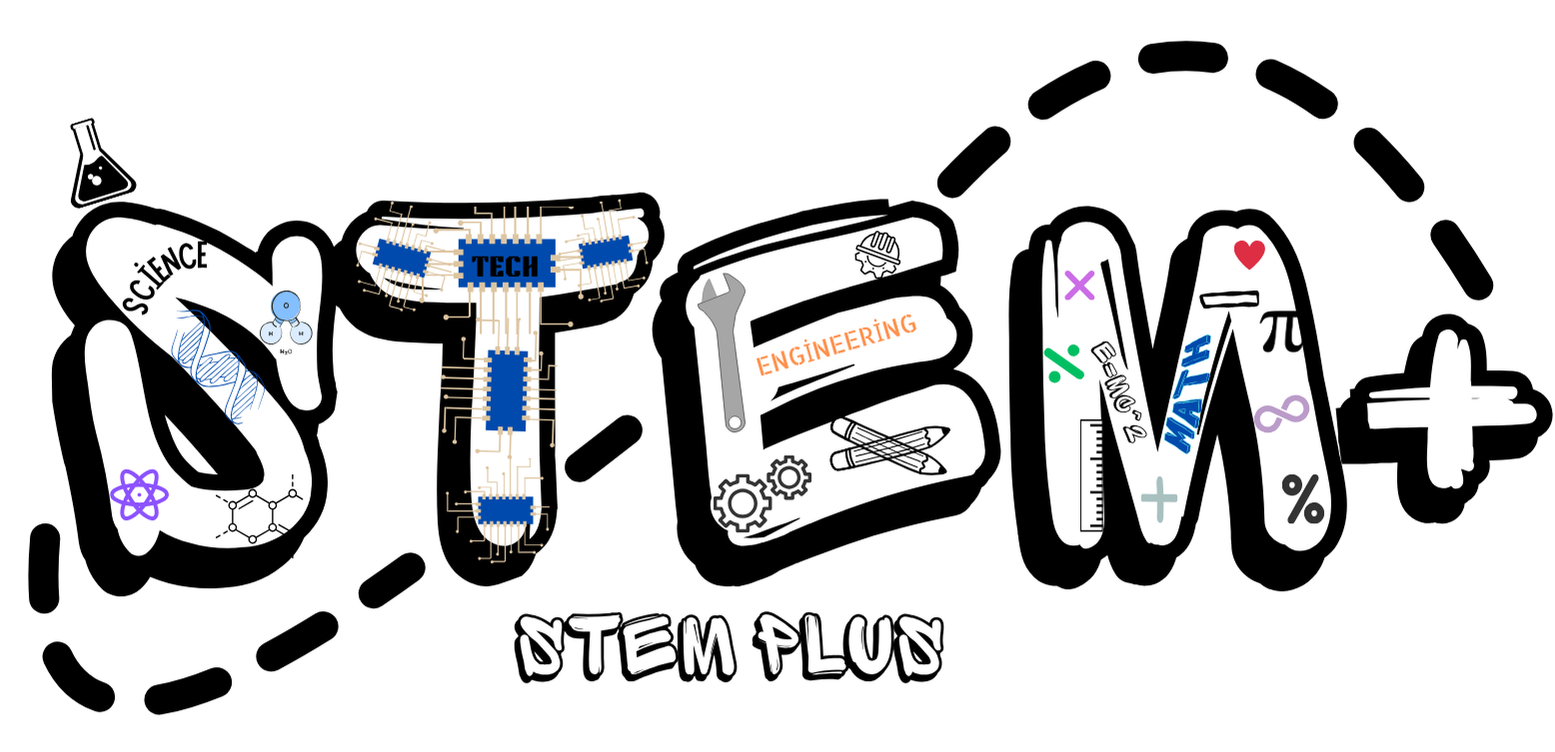 STEM PLUS logo with colorful stem icons within the letters